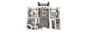 A 3D floor plan of a house with a living room, kitchen, and two bedrooms.
