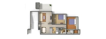A floor plan of a house with a kitchen, living room, and two bedrooms.