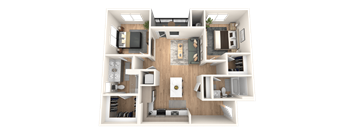 A 3D rendered image of a modern apartment layout.