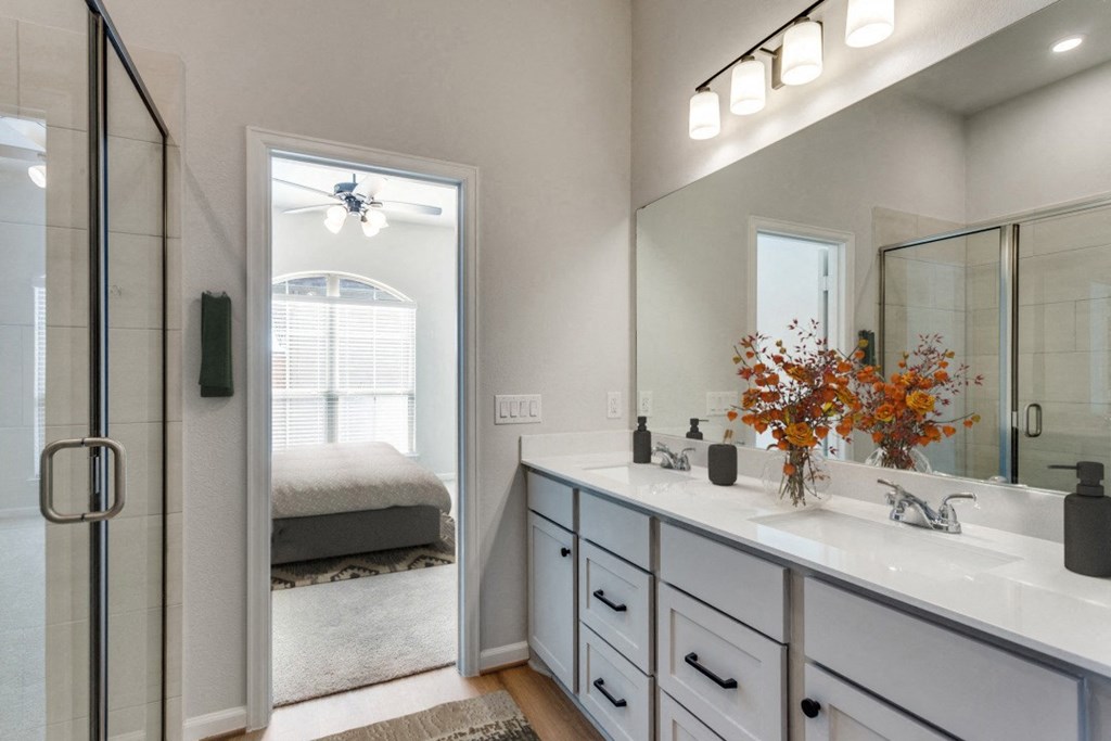 A bathroom with a white sink and a mirror above it.