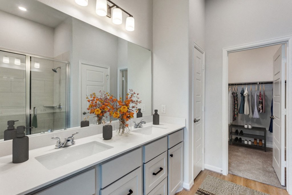 A bathroom with a white sink and a mirror above it.