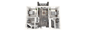 A 3D floor plan of a house with a kitchen, living room, and bathroom.