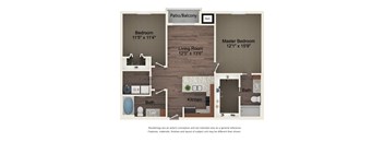 A floor plan of a home with a living room, kitchen, two bathrooms, a master bedroom, and a bedroom.