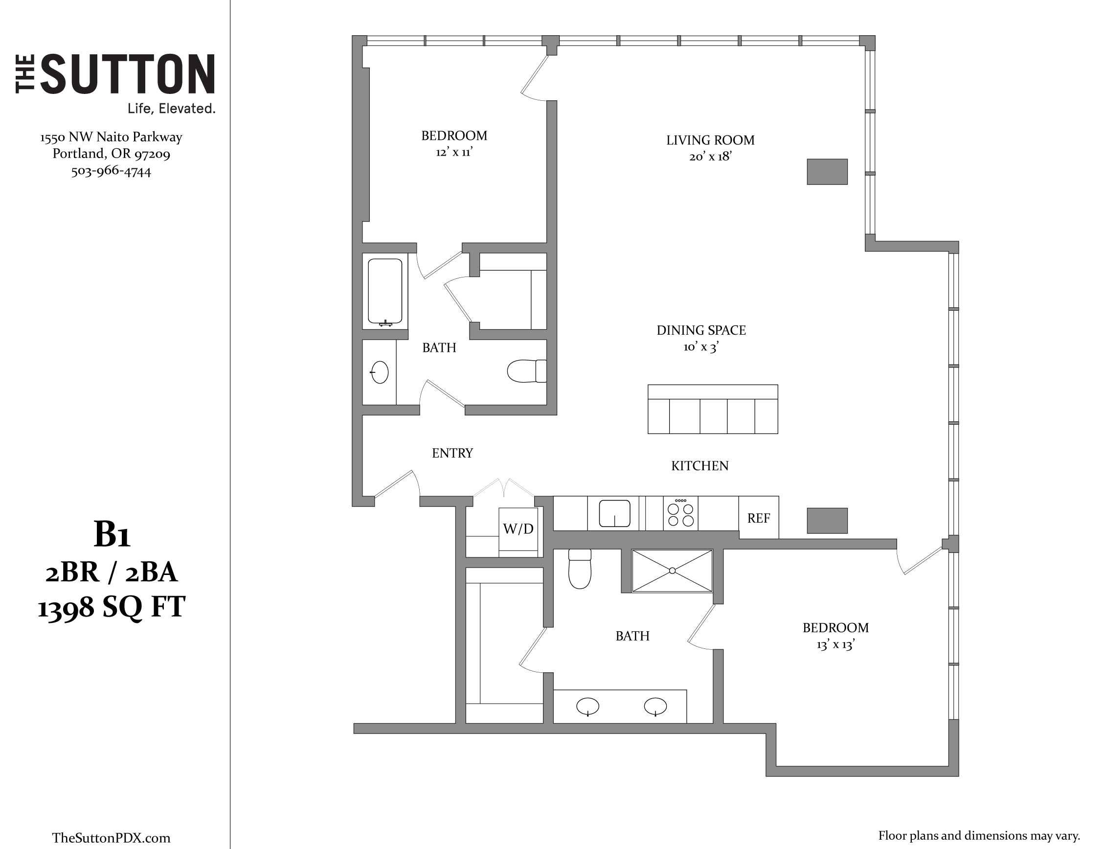 A floor plan for a 2BR/2BA apartment at The Sutton in Portland, OR.