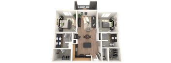 a 3d rendering of a floor plan with a bedroom and a living room