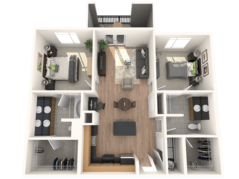 a 3d rendering of a floor plan with a bedroom and a living room