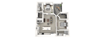 A 3D floor plan of a house with a kitchen, living room, and two bedrooms.