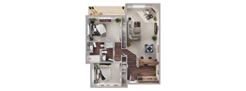 A top-down view of a small apartment with a kitchen, living room, and bedroom.