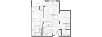 A floor plan of a house with a balcony, HVAC, master bedroom, living/dining area, kitchen, bathroom, and powder room.