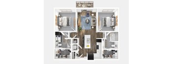 A top-down view of a house layout with a central bathroom and surrounding rooms.