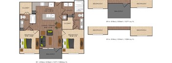 A floor plan of a house with two bedrooms, two bathrooms, a living room, dining room, kitchen, and closet.