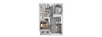 A 3D floor plan of a small apartment with a kitchen, living room, and bedroom.
