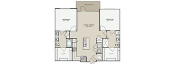A floor plan of a home with two bedrooms, a living/dining area, a patio/balcony, and a coat closet.