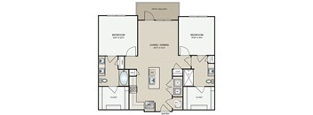 A floor plan of an apartment with two bedrooms, a living room, a dining room, a kitchen, and a patio.