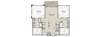 A floor plan of an apartment with two bedrooms, a living/dining area, and a patio/balcony.