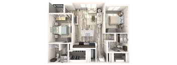 A 3D rendered image of a small apartment layout.