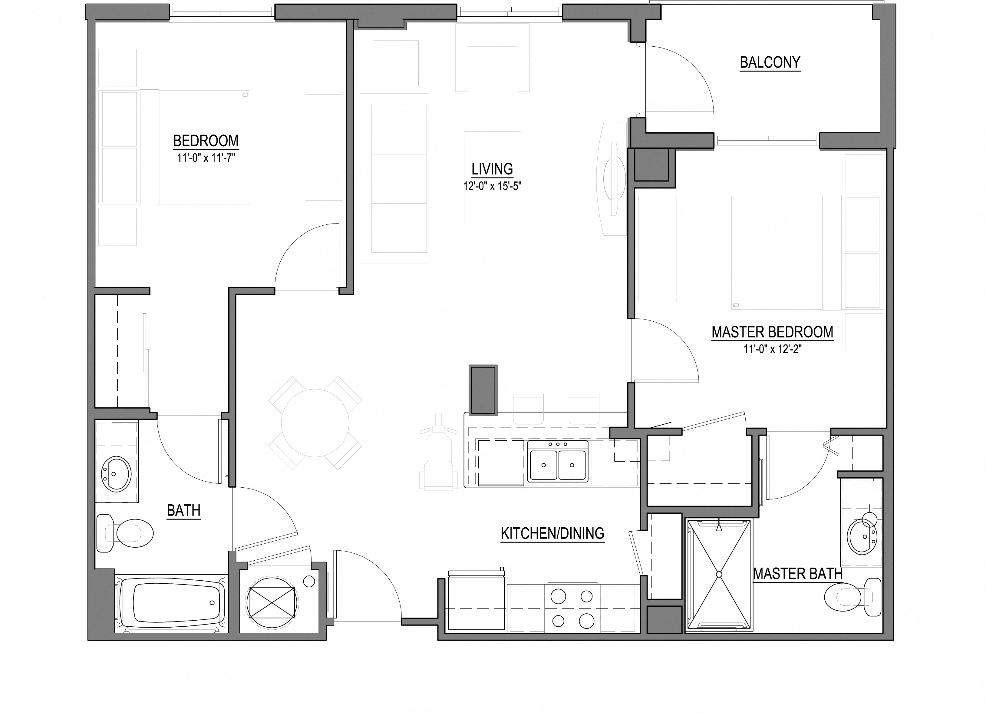 B1-C 2 Bed - 2 Bath |995 sq ft floorplan
