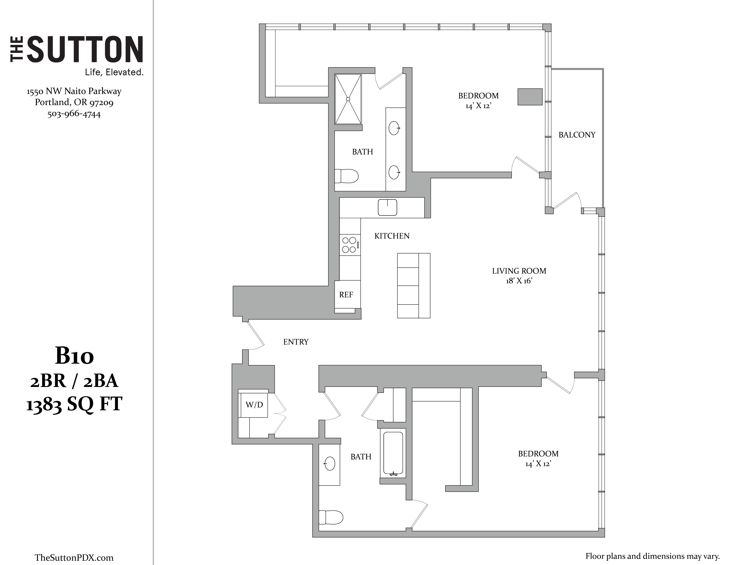 A floor plan for a two-bedroom, two-bathroom apartment with a living room and kitchen.