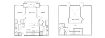 A floor plan of a house with a living room, two bedrooms, a kitchen, a bathroom, and a loft.
