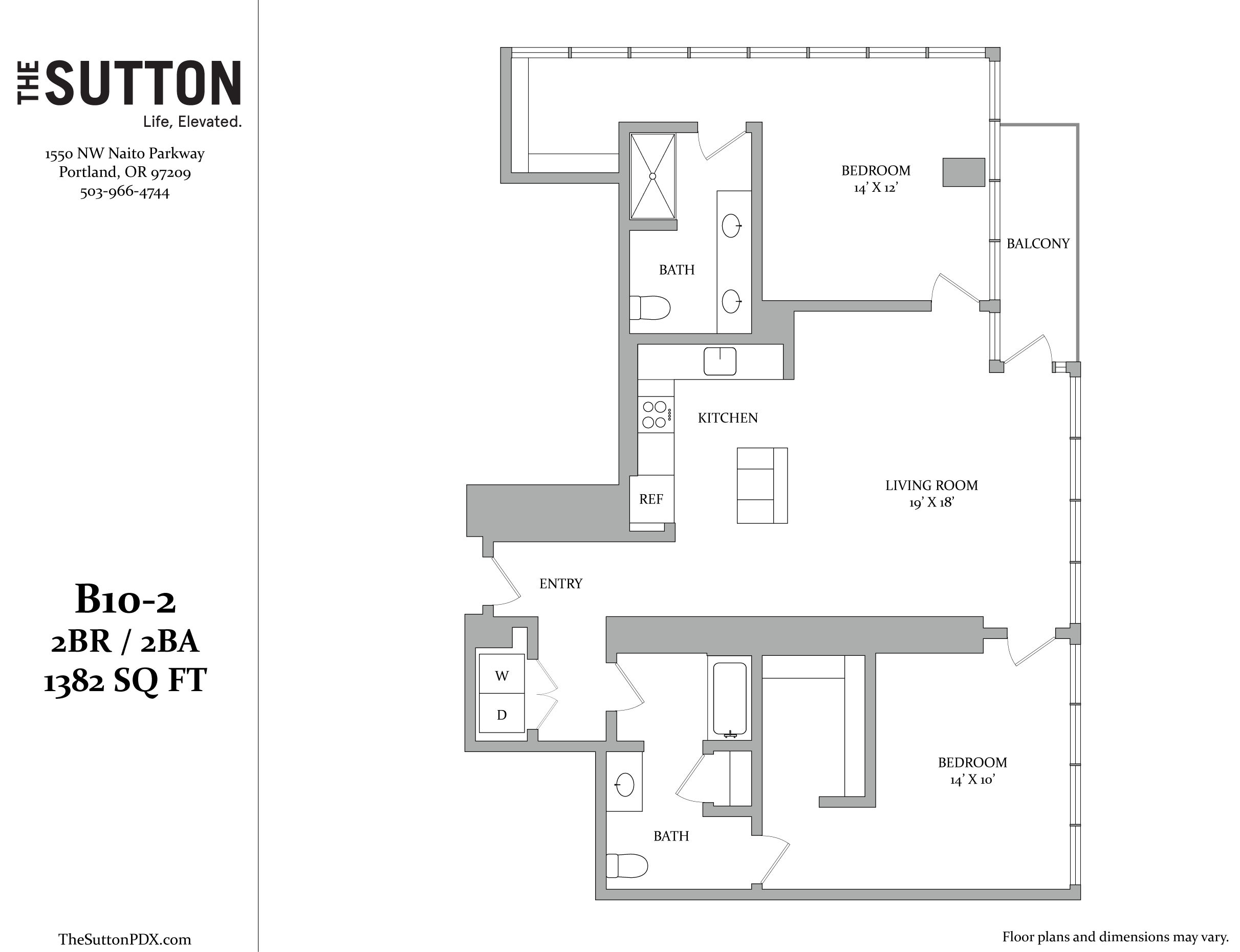 A floor plan for a two bedroom, two bathroom apartment.