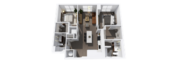 A 3D floor plan of a house with multiple rooms and furniture.