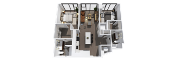 A 3D floor plan of a house with a central hallway and rooms surrounding it.
