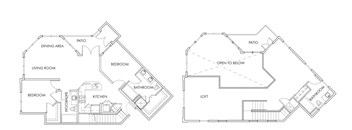 A floor plan of a two-bedroom apartment with a loft.