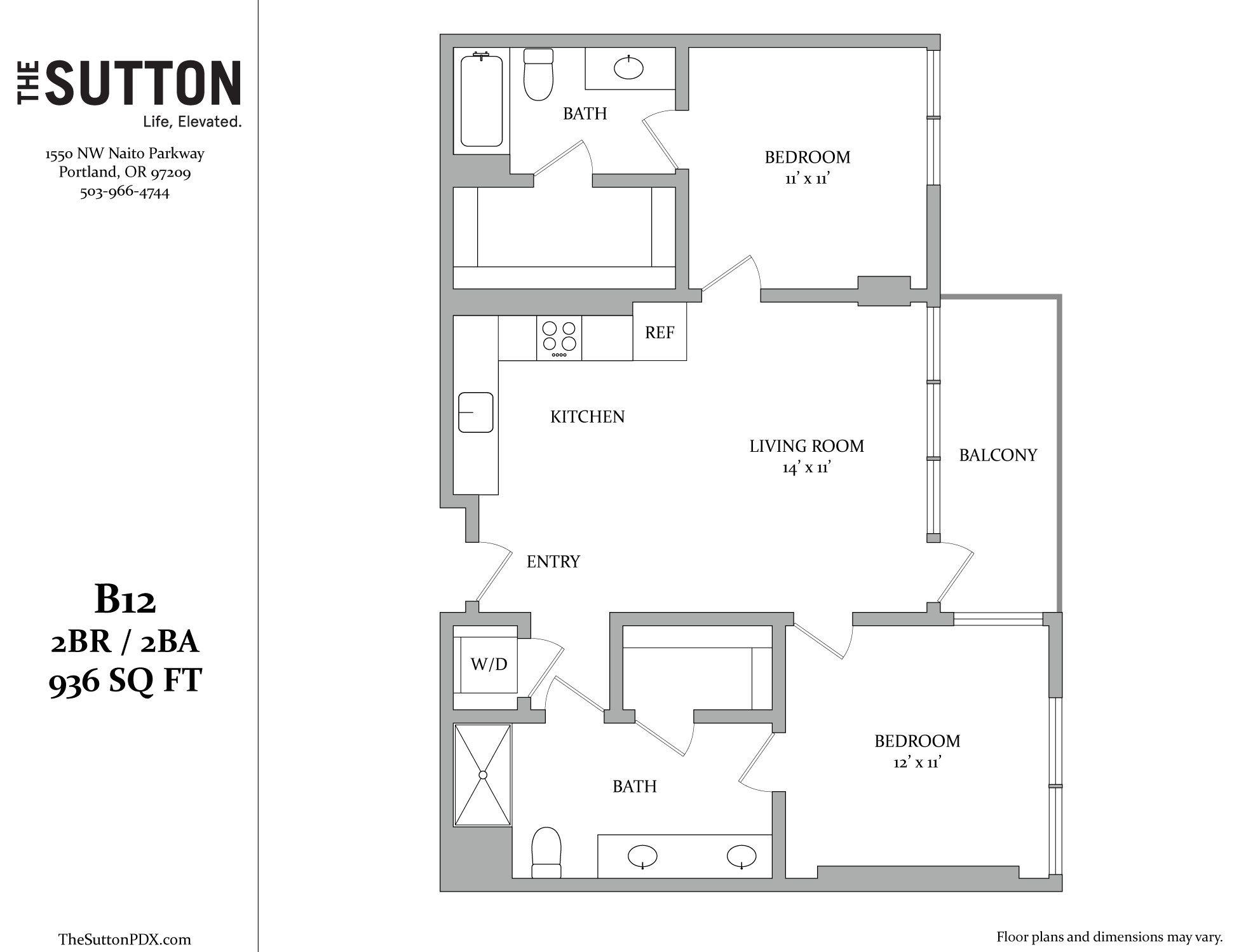 A floor plan for a 2BR/2BA apartment sized at 936 square feet.