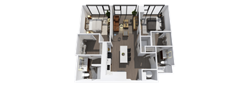 A 3D floor plan of a house with a central open space and surrounding rooms.