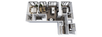 A 3D floor plan of a house with multiple rooms and furniture.