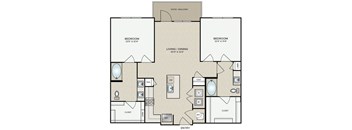 A floor plan of a house with two bedrooms, a living room, a dining room, a bathroom, a kitchen, and a pantry.