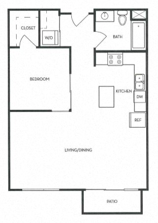 1 Bed 1 Bath 656 square feet floor plan B1A