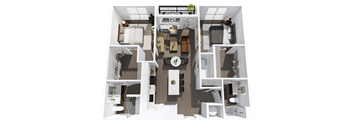 A 3D floor plan of a house with a kitchen, living room, and two bedrooms.