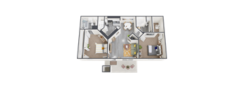 A top-down view of a house layout with a living room, kitchen, and two bedrooms.