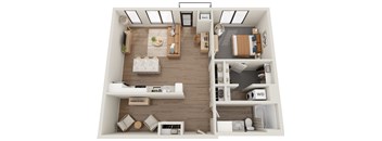a 3d rendering of a floor plan with a bedroom and a living room