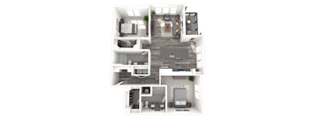 A 3D floor plan of a house with multiple rooms and furniture.