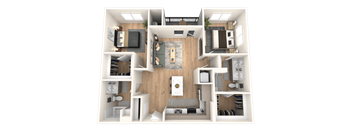 A 3D floor plan of a house with a kitchen, living room, and bedrooms.