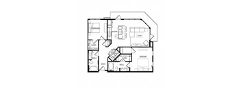 A black and white image of a house floor plan with two bedrooms, a kitchen, a living room, two bathrooms, and an entry.