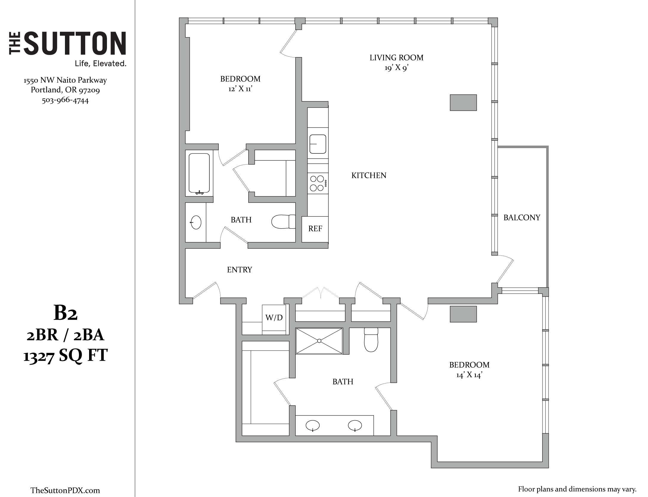 A floor plan for a 1327 square foot home with two bedrooms and a balcony.