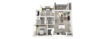A 3D rendered image of a house layout.