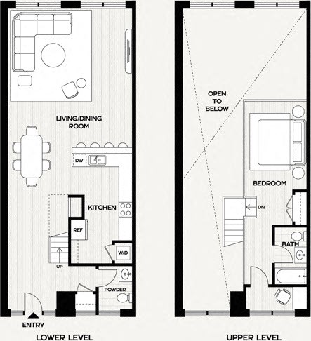 A floor plan of a two-level home with a living/dining room, kitchen, powder room, and bedroom.