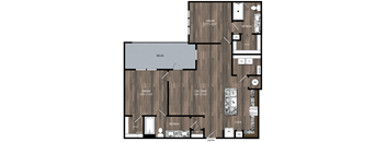 A black and white image of a floor plan for a house with a living room, dining room, kitchen, and two bedrooms.