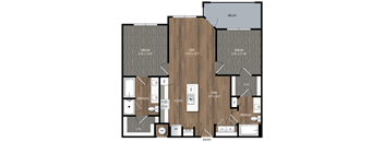 A floor plan of a house with a living room, dining room, kitchen, and two bedrooms.