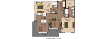 A floor plan of a 2 bedroom, 2 bath apartment with a living room, kitchen, and balcony.