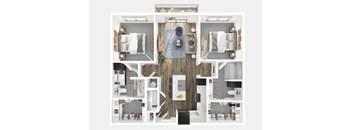 A top-down view of a house layout with a central hallway.