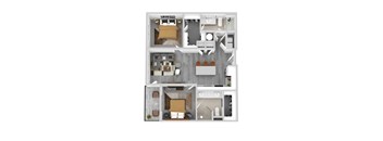 A top-down view of a house layout with a living room, kitchen, dining area, and bedrooms.