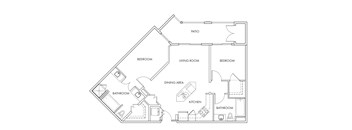 A floor plan of a house with a living room, two bedrooms, a dining area, a kitchen, and two bathrooms.