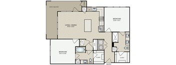 A floor plan of a home with two bedrooms, a living room, and a bathroom.