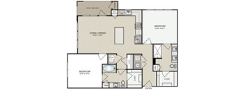 A floor plan of a home with two bedrooms, a living area, and a bathroom.