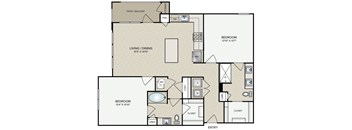 A floor plan of a home with two bedrooms, a living area, and a bathroom.